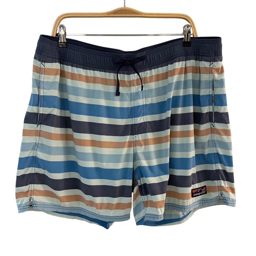 Patagonia Baggies Lights Mens XXL Striped Swim Trunks Blue Tan Drawtring